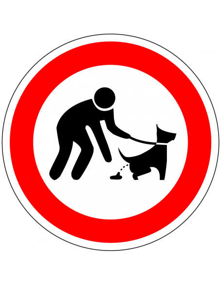 Hondenpoep opruimen sticker, rood wit, met persoon en hond pictogram, rond