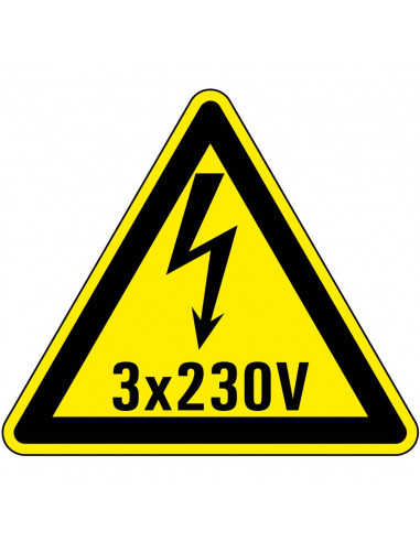 Waarschuwingsbord elektrische spanning 3x230V, geel zwart, driehoek, met tekst en bliksem symbool