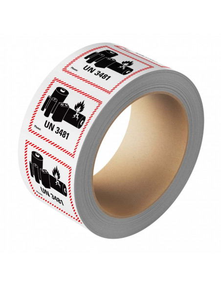 UN3481 label zeewaterbestendig op rol, 500 stuks, 100 x 100 mm, vierkant, rood wit zwart, batterij icoon
