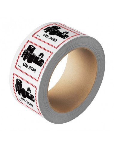 UN3480 label permanent papier, 1000 op rol, 100 x 100 mm, vierkant, rood wit zwart, batterij icoon