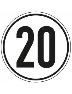 Snelheidssticker vrachtwagen 20 km, zwart wit, tekst 20, rond