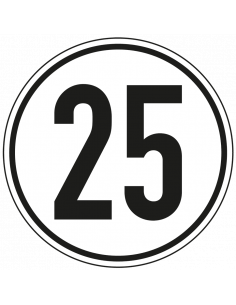 Snelheidsbord vrachtwagen 25 km, zwart wit, tekst 25, rond