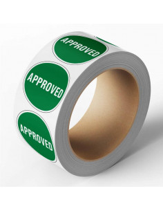 Approved sticker, groen, 25 meter op rol, Engelse tekst, rond
