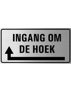 Ingang om de hoek bord links, geborsteld aluminium, rechthoekig, pijl links om de hoek