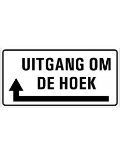 Uitgang om de hoek sticker links, zwart wit, rechthoekig, pijl links om de hoek