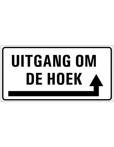 Uitgang om de hoek sticker rechts, zwart wit, rechthoekig, pijl rechts om de hoek