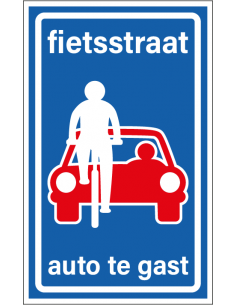 Fietsstraat bord, kunststof, L51, blauw wit, rechthoekig, tekst fietsstraat auto te gast