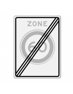 Verkeersbord einde zone 60 km, aluminium DOR, A1, reflecterend, rechthoek, grijs, zwart, wit