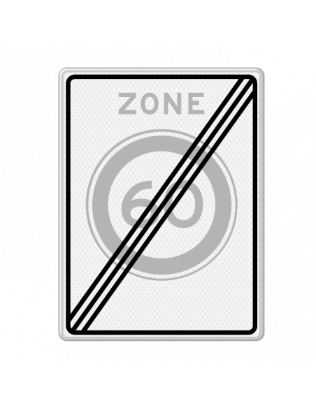 Verkeersbord einde zone 60 km, aluminium DOR, A1, reflecterend, rechthoek, grijs, zwart, wit