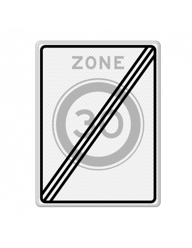 Verkeersbord einde zone 30 km, aluminium DOR, A1, reflecterend, rechthoek, grijs, zwart, wit
