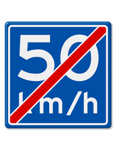 Verkeersbord einde adviessnelheid naar wens, aluminium DOR, A5, vierkant, blauw wit, reflecterend