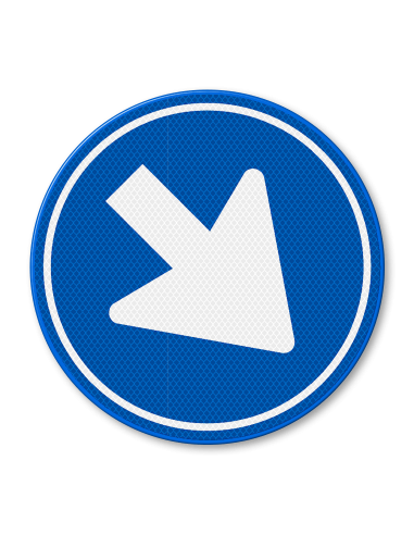 Verkeersbord D2 gebod rechts passeren, aluminium DOR, rond, reflecterend, blauw wit, pijl schuin naar rechtsonder