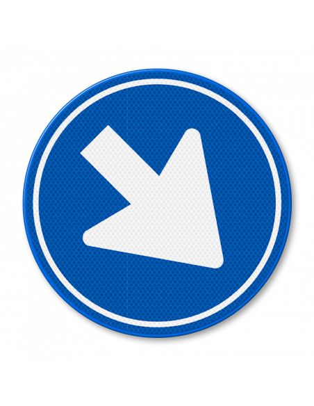 Verkeersbord D2 gebod rechts passeren, aluminium DOR, rond, reflecterend, blauw wit, pijl schuin naar rechtsonder