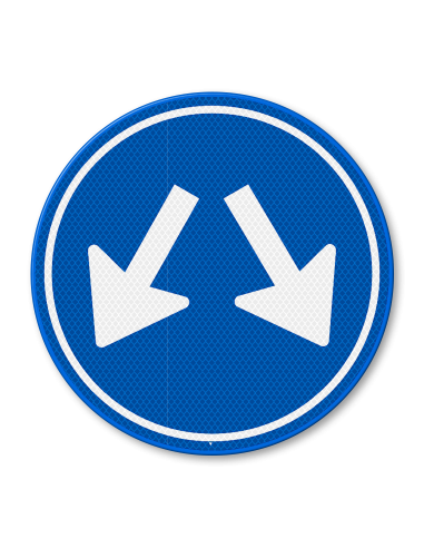 Verkeersbord D3 gebod aan beide zeide passeren, aluminium DOR, blauw wit, reflecterend, rond, pijlen naar link- en rechtsonder