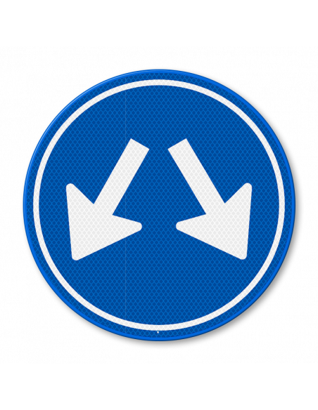 Verkeersbord D3 gebod aan beide zeide passeren, aluminium DOR, blauw wit, reflecterend, rond, pijlen naar link- en rechtsonder