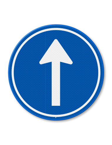 Verkeersbord D4 verplicht rechtdoor, aluminium DOR, blauw wit, reflecterend, rond, met pijl rechtdoor