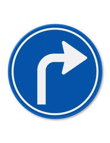 Verkeersbord D5r verplichte rijrichting rechts, aluminium DOR, blauw wit, reflecterend, rond, met pijl naar rechts