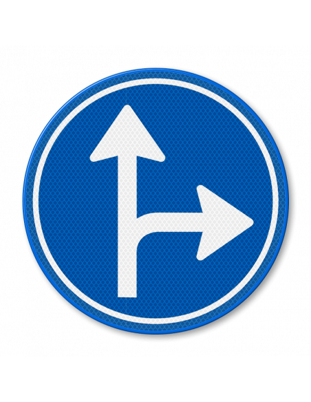 Verkeersbord D6r verplichte rijrichting rechtdoor of rechts, aluminium DOR, blauw wit, reflecterend, rond, met pijl naar rechts