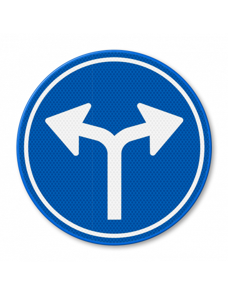Verkeersbord D7 verplichte rijrichting rechts of links, aluminium DOR, blauw wit, reflecterend, rond, met pijl naar rechts