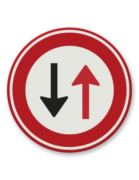 Verkeersbord F5 tegenligger voorrang, aluminium DOR, wit, rood zwart, pijl naar boven en onder pictogram, rond, reflecterend
