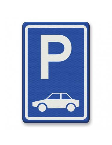 Verkeersbord E8 parkeerplaats auto, aluminium DOR, blauw wit, rechthoek, symbool p met auto