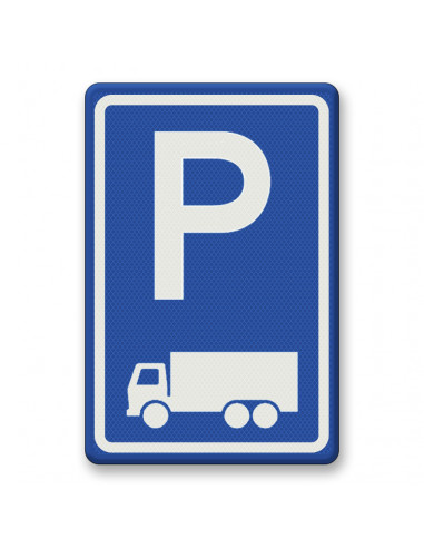 Verkeersbord E8c parkeerplaats vrachtwagens, aluminium DOR, blauw wit, rechthoek
