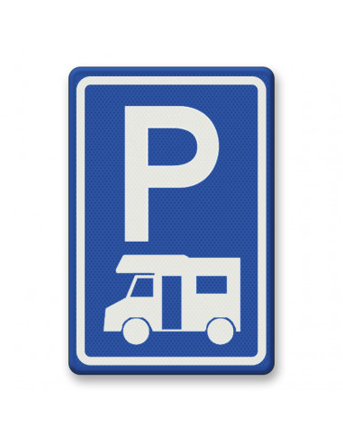 Verkeersbord E8n parkeerplaats camper, aluminium DOR, blauw wit, rechthoek