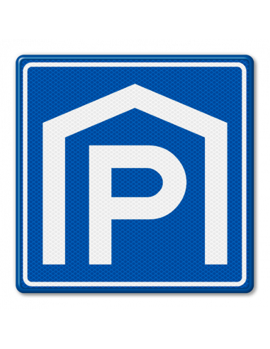 Verkeersbord E15 parkeergarage, aluminium DOR, blauw wit, vierkant, symbool garage
