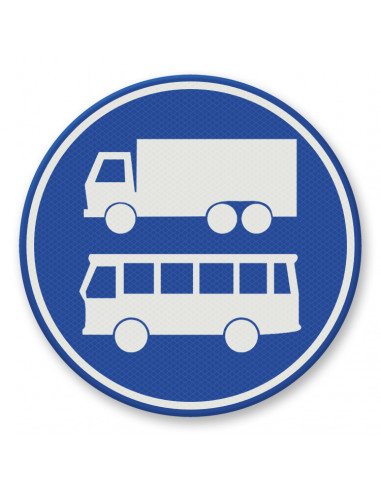 Verkeersbord F19 rijstrook bussen en vrachtwagens, aluminium DOR, blauw wit, reflecterend, met vrachtwagen en bus symbool