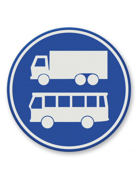 Verkeersbord F19 rijstrook bussen en vrachtwagens, aluminium DOR, blauw wit, reflecterend, met vrachtwagen en bus symbool