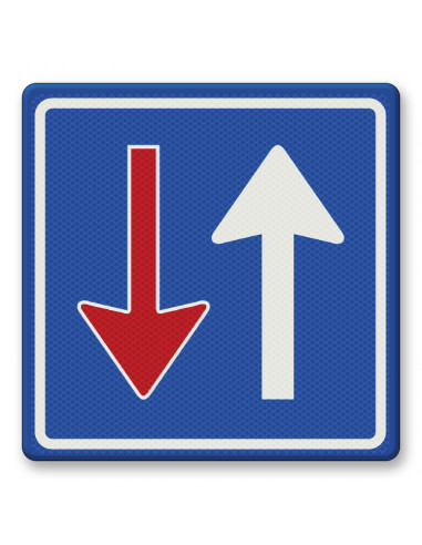 Verkeersbord F6 voorrang op tegemoetkomend verkeer, aluminium DOR, blauw rood wit, reflecterend, pijl naar boven en beneden