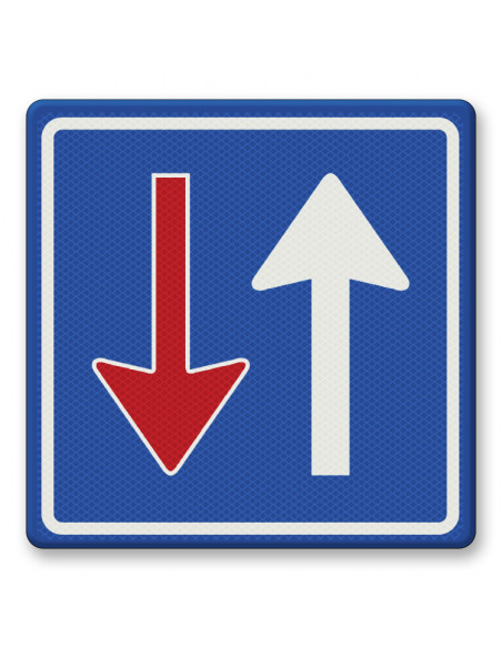 Verkeersbord F6 voorrang op tegemoetkomend verkeer, aluminium DOR, blauw rood wit, reflecterend, pijl naar boven en beneden