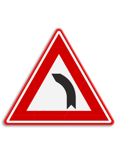 Verkeersbord J3 bocht naar links, aluminium DOR, driehoekig, rood wit zwart, symbool links afdraaiende pijl