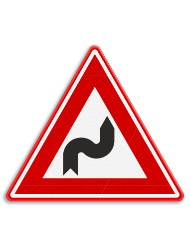 Verkeersbord J4 S-bocht rechts, aluminium DOR, rood wit zwart, bocht in vorm van F naar rechts pijl