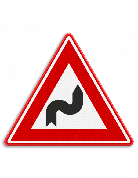 Verkeersbord J4 S-bocht rechts, aluminium DOR, rood wit zwart, bocht in vorm van F naar rechts pijl