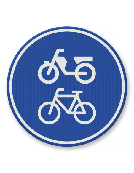 Verkeersbord G12a bromfietspad, aluminium DOR, blauw wit, rond, symbool bromfietspad