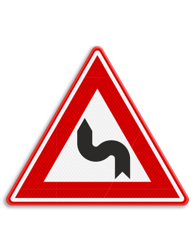 Verkeersbord J5 S-bocht links, aluminium DOR, rood wit zwart, bocht in vorm van S naar links pijl