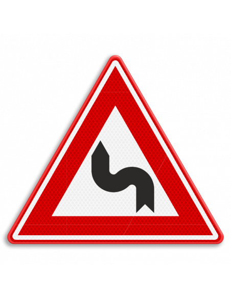 Verkeersbord J5 S-bocht links, aluminium DOR, rood wit zwart, bocht in vorm van S naar links pijl