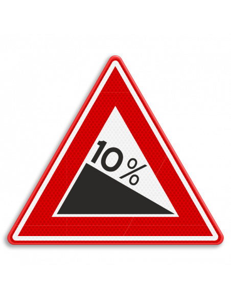 Verkeersbord J7 gevaarlijke daling naar wens, aluminium DOR, reflecterend, driehoekig, percentage naar wens