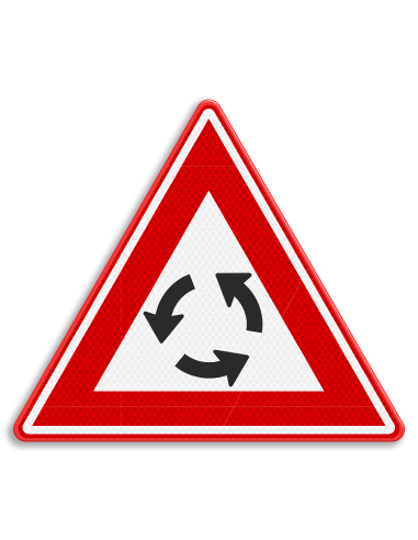 Verkeersbord J9 pas op rotonde, aluminium DOR, reflecterend, driehoekig, rood wit zwart, met drie ronddraaiende pijlen