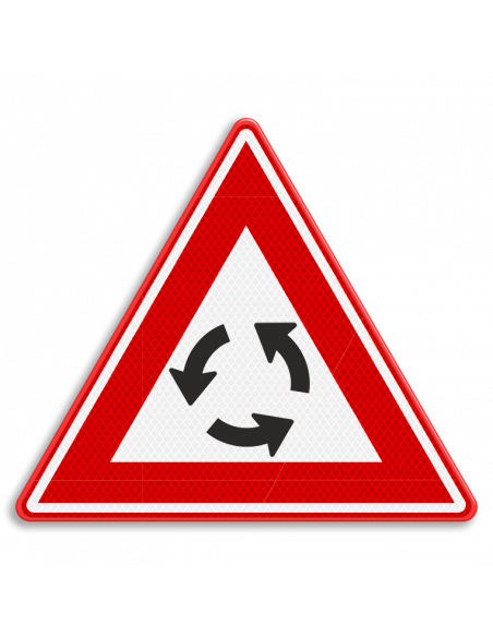 Verkeersbord J9 pas op rotonde, aluminium DOR, reflecterend, driehoekig, rood wit zwart, met drie ronddraaiende pijlen