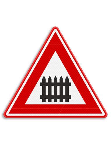 Verkeersbord J10 bewaakte spoorwegovergang, aluminium DOR, reflecterend, driehoekig, rood wit zwart, met hekje symbool