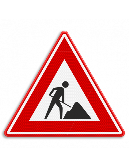 Verkeersbord J16 werk in uitvoering, aluminium DOR, rood wit, driehoek, symbool werk in uitvoering