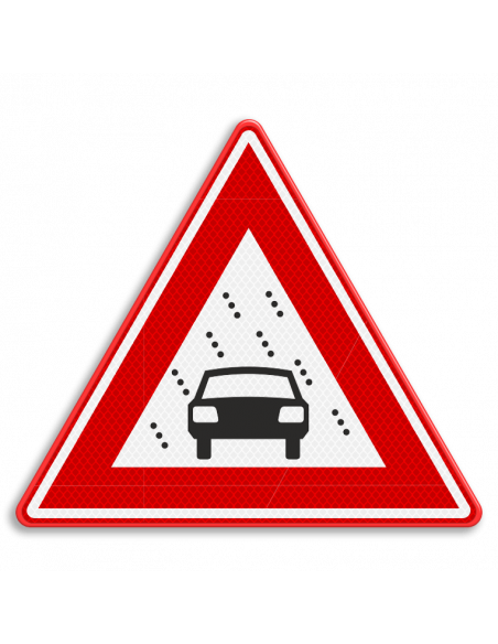 Verkeersbord J35 slecht zicht, aluminium DORreflecterend, rood wit zwart, driehoek, symbool auto met regendruppels