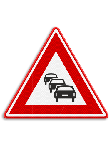 Verkeersbord J33 file, aluminium DOR, reflecterend, rood wit zwart, driehoek, symbool drie auto's achter elkaar