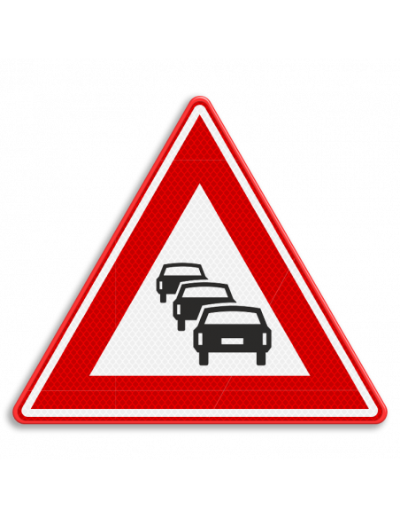 Verkeersbord J33 file, aluminium DOR, reflecterend, rood wit zwart, driehoek, symbool drie auto's achter elkaar