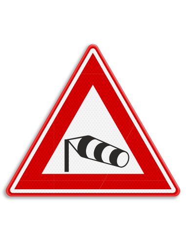 Verkeersbord J31 zijwind, aluminium DOR, reflecterend, rood wit zwart, driehoek, symbool windzak