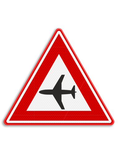 Verkeersbord J30 vliegtuigen, aluminium DOR, reflecterend, rood wit zwart, driehoek, symbool vliegtuig