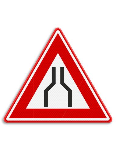 Verkeersbord J17 wegversmalling, aluminium DOR, rood wit, driehoek, symbool wegversmalling