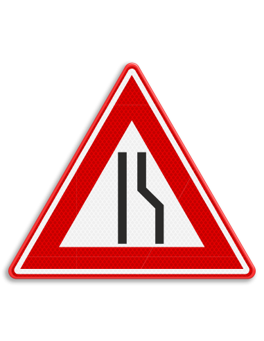 Verkeersbord J18 wegversmalling rechts, aluminium DOR, driehoek, rood wit